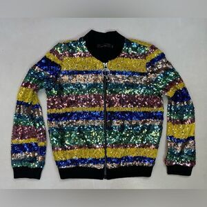 BEBE Sequin Bling Bomber Jacket Women Small Multicolor Striped Colorblock